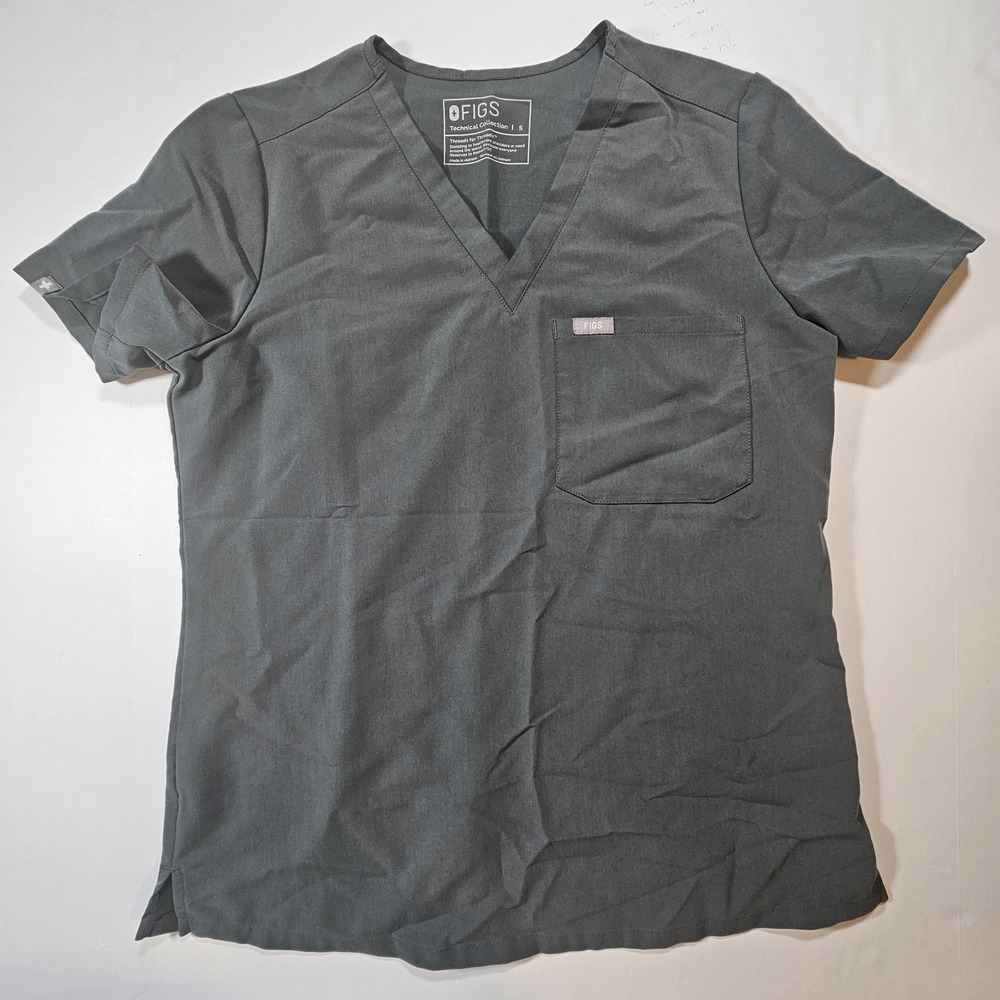 Figs Scrub Top Womens Sz Small Grayish Green Technical Collection V-Neck Shirt